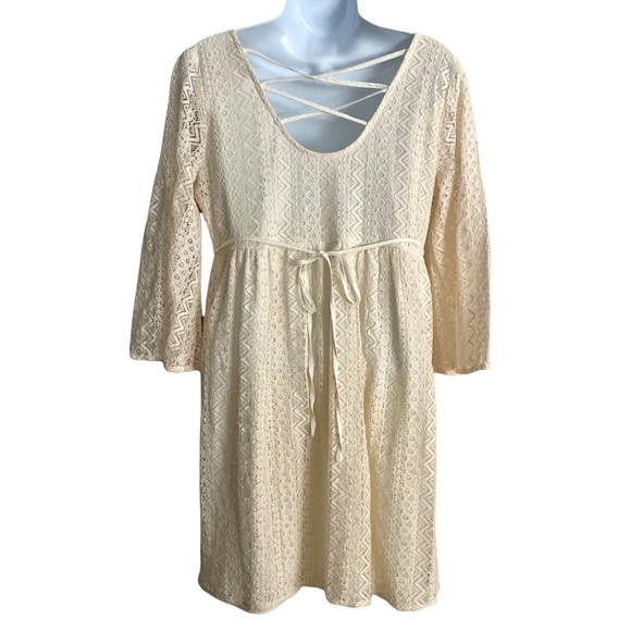 Flying Tomato Cream Lace Peasant Dress Sz Medium Embroidery Boho Aztec Tribal - Picture 2 of 11